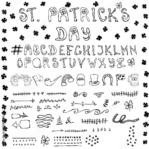 St. Patrick's Day Hand Drawing Full Collectoin Lettering Icons Design Elements. Outline. photo