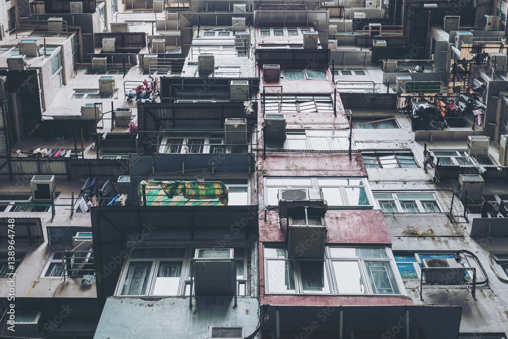 Low angle view image of a crowded residential building in community in Quarry Bay, Hong Kong