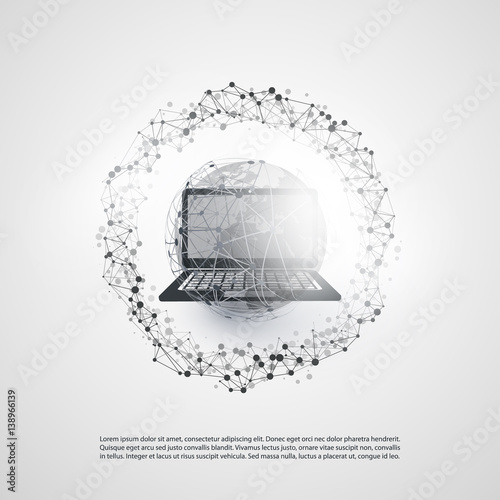 Abstract Cloud Computing and Global Network Connections Concept Design with Earth Globe, Laptop Computer, Wireless Mobile Device, Transparent Geometric Mesh - Illustration in Editable Vector Format
