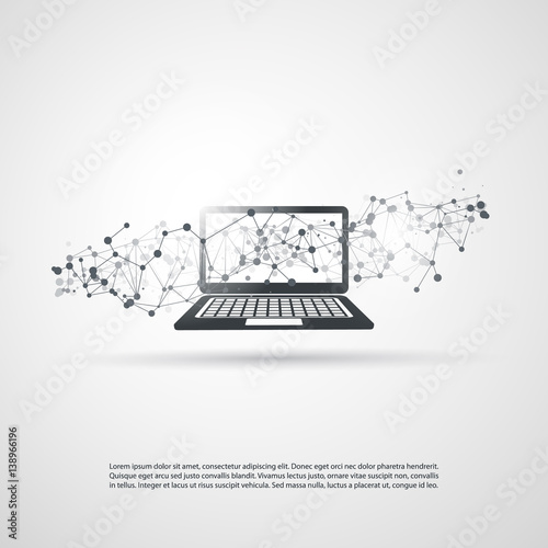 Abstract Cloud Computing and Global Network Connections Concept Design with Laptop Computer, Wireless Mobile Device, Transparent Geometric Mesh - Illustration in Editable Vector Format