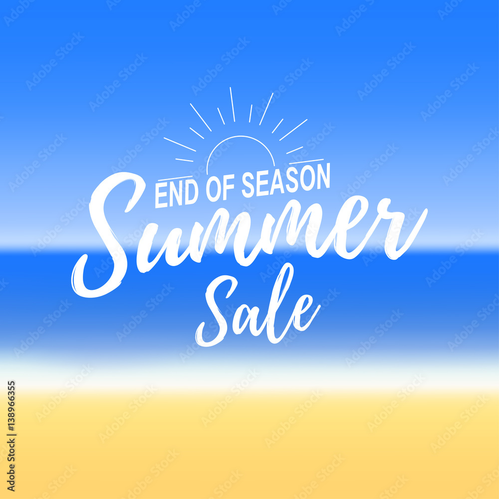 Vectror advertisement about the summer sale on defocused background with beautiful tropical sea beach view.