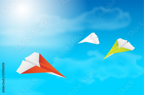 Three flying paper planes  sky  clouds and sun