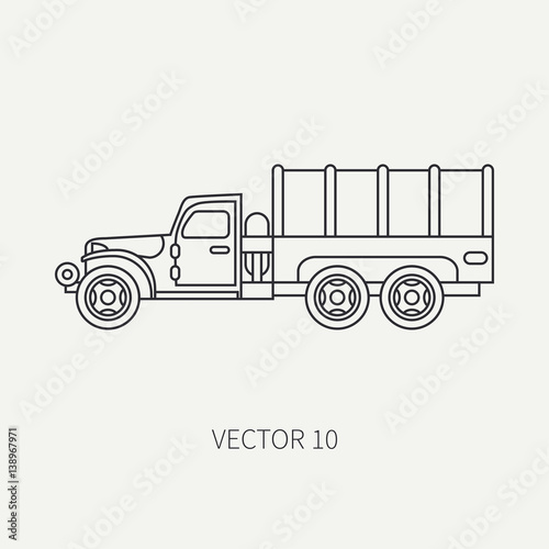 Line flat plain vector icon tarpaulin wagon army truck. Military vehicle. Cartoon vintage style. Cargo and soldiers transportation. Tractor unit. Tow. Simple. Illustration and element for your design.