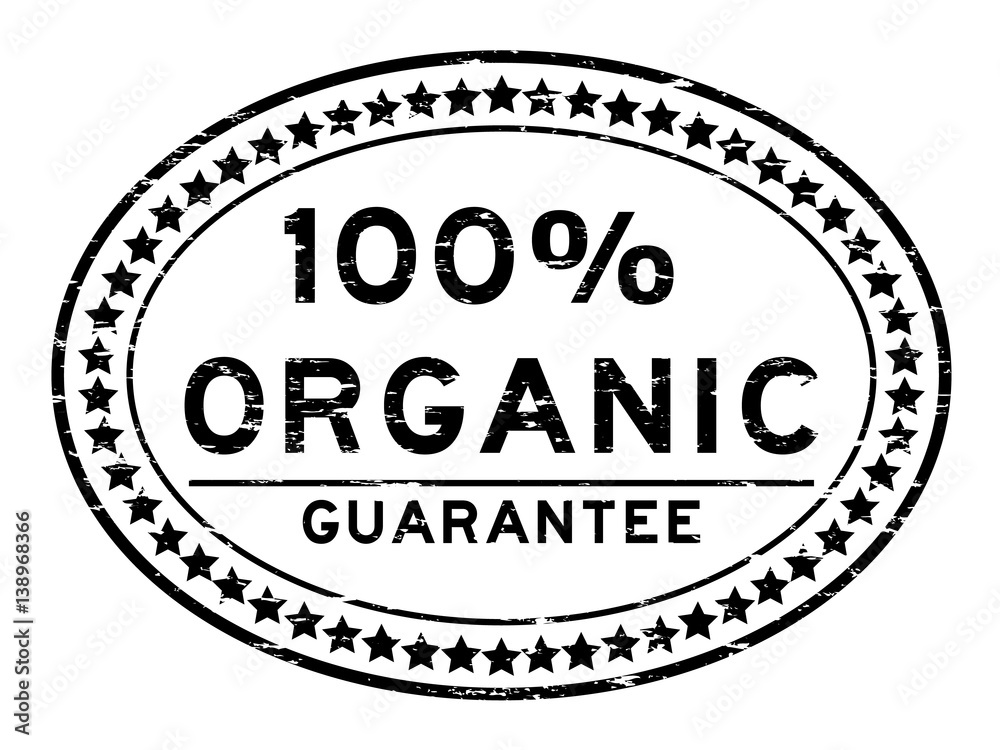 Grunge black 100 percent organic oval rubber seal stamp on white background