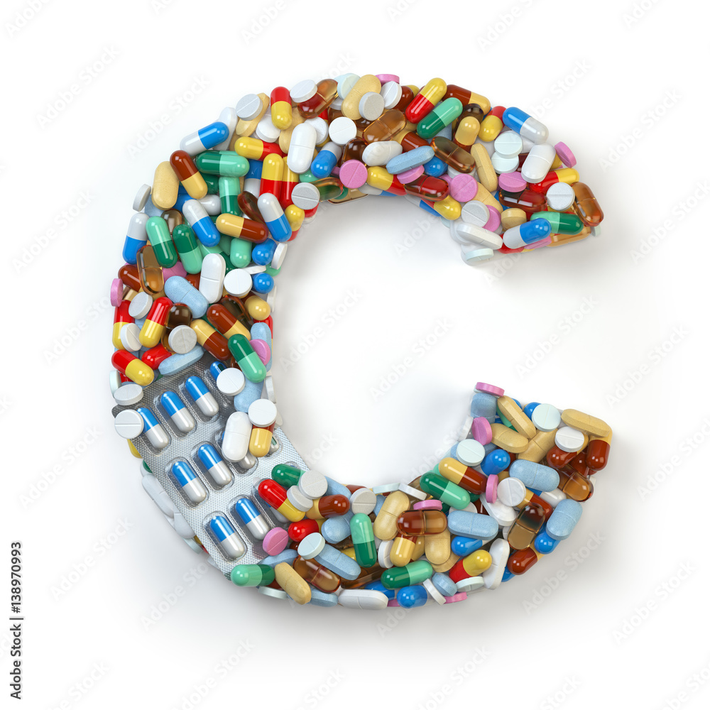 Letter C. Set of alphabet of medicine pills, capsules, tablets and blisters isolated on white. Letter C. Set of alphabet of medicine pills, capsules, tablets and blisters isolated on white.