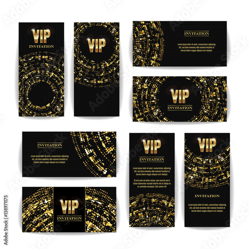 VIP Invitation Card Vector Set. Party Premium Blank Poster Flyer. Black Golden Design Template. Decorative Vector Background. Elegant Template Luxury Invitation.
