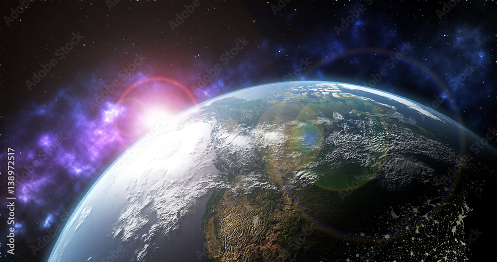 Obraz premium 3D Earth globe in space with stars, shinny sun, dark universe and lens flare - United-States - globalization concept