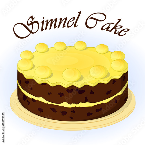 Traditional festive simnel cake to celebrate Mothering Sunday. Background for Easter in cartoon style. Vector illustration. Holiday Collection.