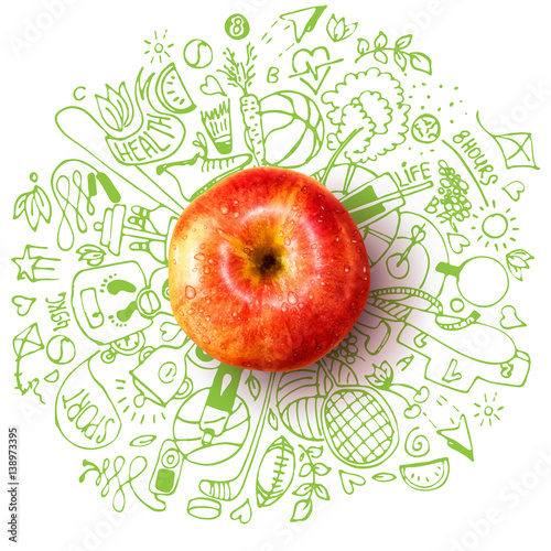 Healthy lifestyle concept with apple and doodles