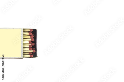 One open box of matches on white background