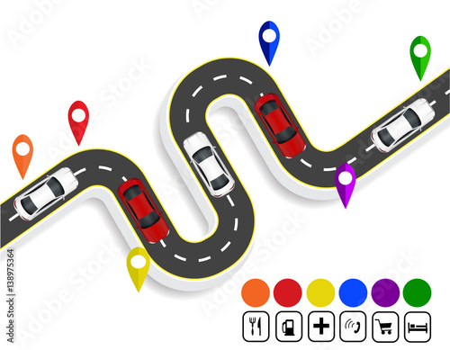 Infographics. Marks navigator. Winding road with markings. Cars. Top view with shadow. illustration