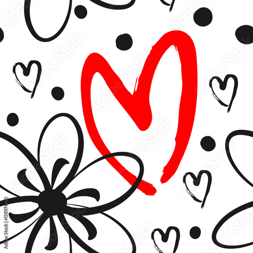 Flower, heart, round spots. Drawn with a brush. Seamless pattern.