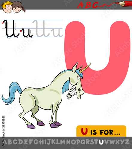 letter u with cartoon unicorn