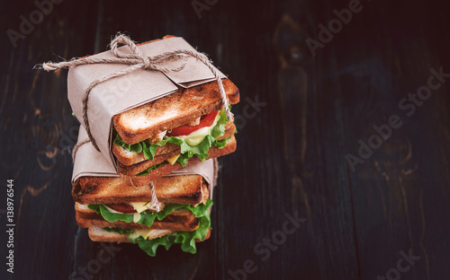 delicious homemade sandwich in rustic style photo