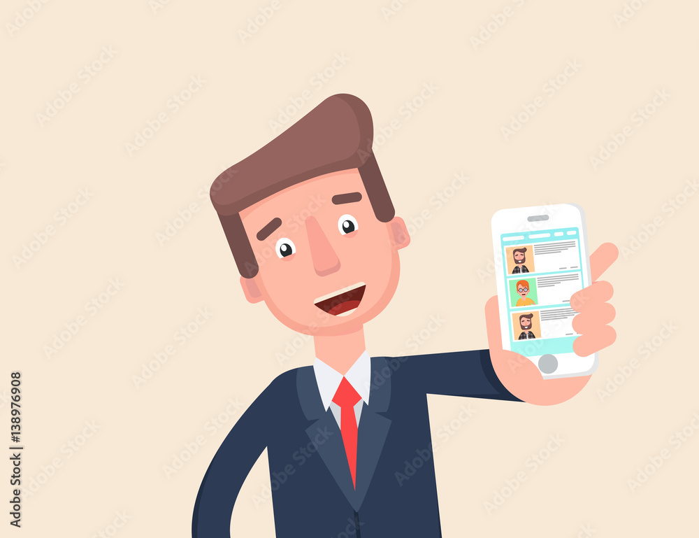 businessman shows the chat app on your phone. businessman shows the chat app on your phone.