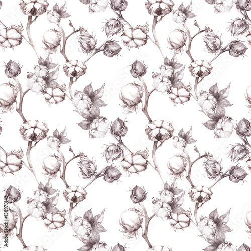 Cotton - stalk plants with seed pods. Seamless pattern. Wallpaper. Use printed materials  signs  posters  postcards  packaging.  