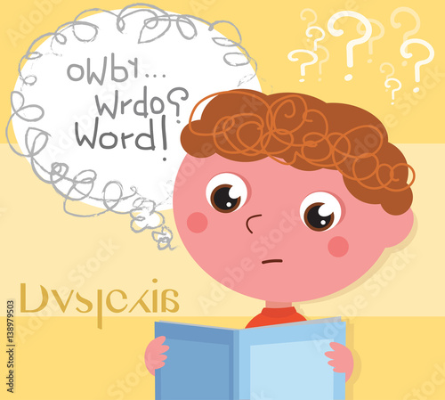 Child affected by dyslexia reading a book, digital illustration