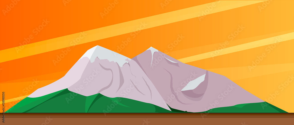 Nature Mountains at sunset. Trees, lake near mountains. Camping landscape travel climbing or hiking mountains. Vector