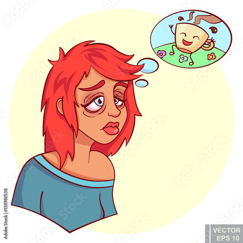 Tired sleepy adult young woman girl dreaming thinking about happy coffee cup. Funny cartoon vector illustration
