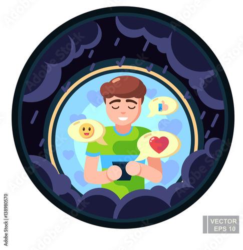 Lover freand family cheer up depressed boy man via smart phone tablet. Care and support in stressful time, shelter against problem in chat photo