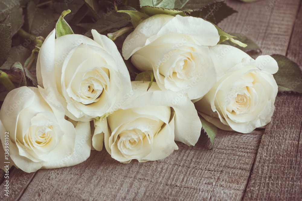 Soft full blown white roses as a neutral background on wooden board. Selective focus. Toned image. Soft full blown white roses as a neutral background on wooden board. Selective focus. Toned image.