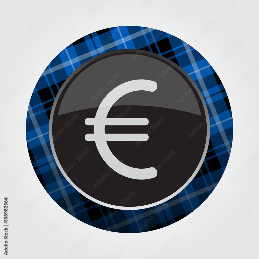 button blue, black tartan - euro currency symbol button blue, black tartan - euro currency symbol