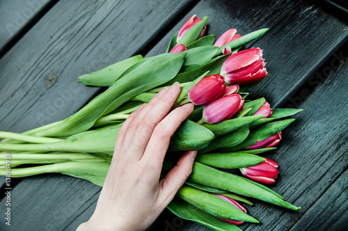 bouquet of tulips at wooden background