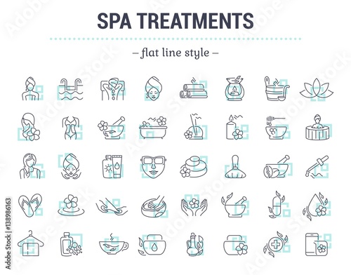 Vector graphic set.Icons in flat, contour,thin and linear design.Spa treatment.Alternative medicine.Simple isolated icon on white background.Concept illustration for Web site, app.Sign,symbol,element.