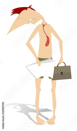 Semi naked businessman isolated. Man only in shorts and tie hides his nakedness by documents and bag
