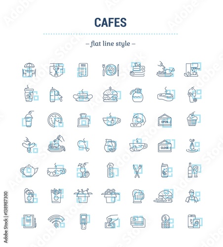 Vector graphic set. Icons in flat, contour, thin, minimal and linear design.Cafe.Food silhouettes.Fast food. Pizzeria. Catering.Simple isolated icons.Concept for web site, app.Sign and symbol.
