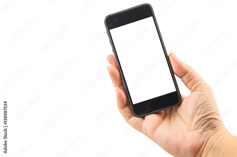 Female hand holding white blank screen smart mobile phone