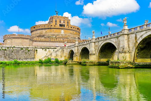 View of the Castel Sant'Angelo and Aelian Bridge across Tiber River in Rome 
