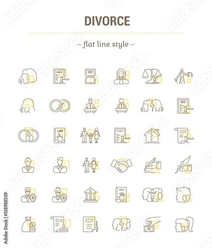 Vector graphic set. Icons in flat, contour,thin, minimal and linear design. Break up. Trial and verdict. Broken family. Simple isolated icons.Concept illustration for Web site app.Sign,symbol,element.