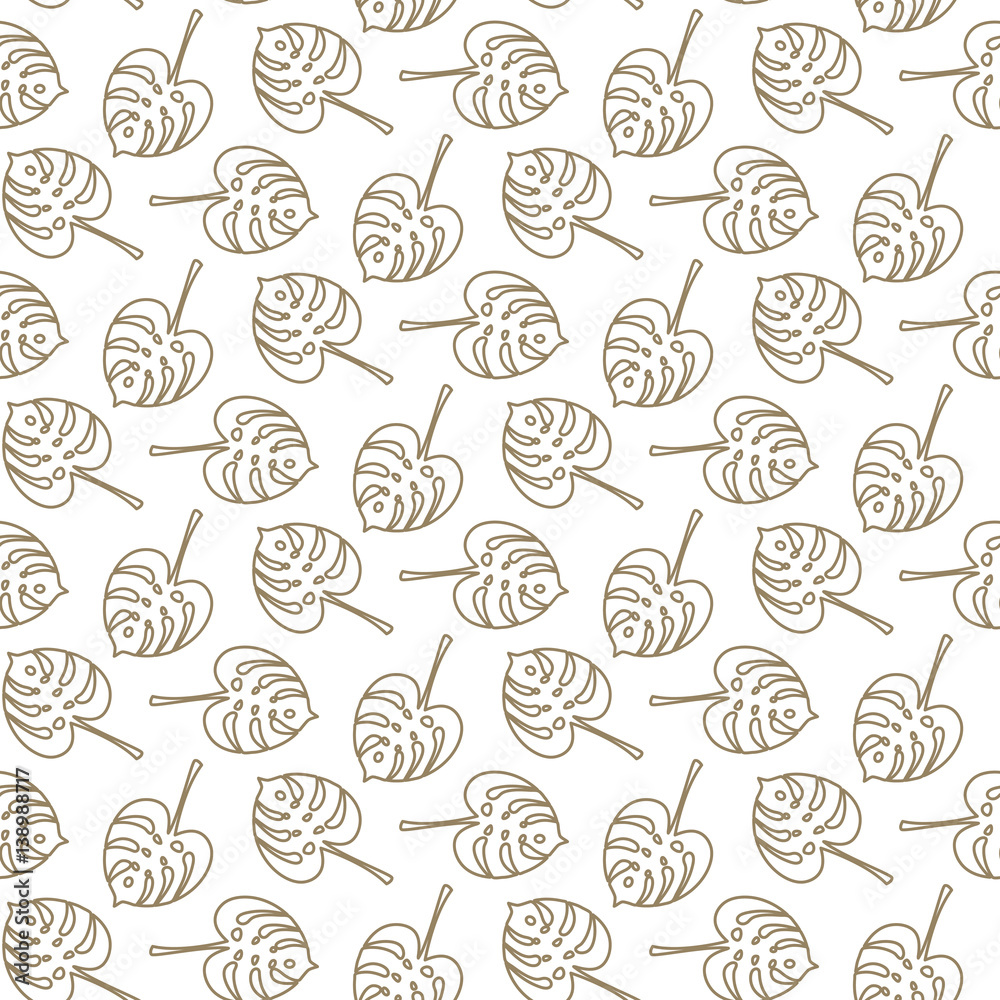 Monstera tropic plant outline leaves seamless pattern. Stylized line leaf gold and white background.