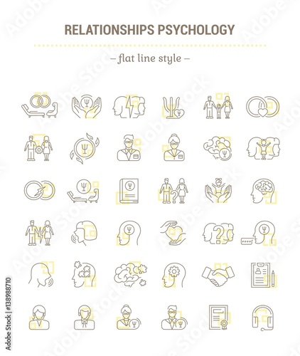 Vector graphic set.Icons in flat, contour,thin, minimal and linear design.Family Psychology. Psychology of marriage.Simple isolated icons.Concept illustration for Web site app.Sign,symbol,element.