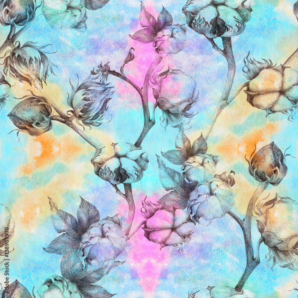Seamless pattern. Stem with cotton seeds. Wallpaper. Use printed materials, signs, posters, postcards, packaging.
