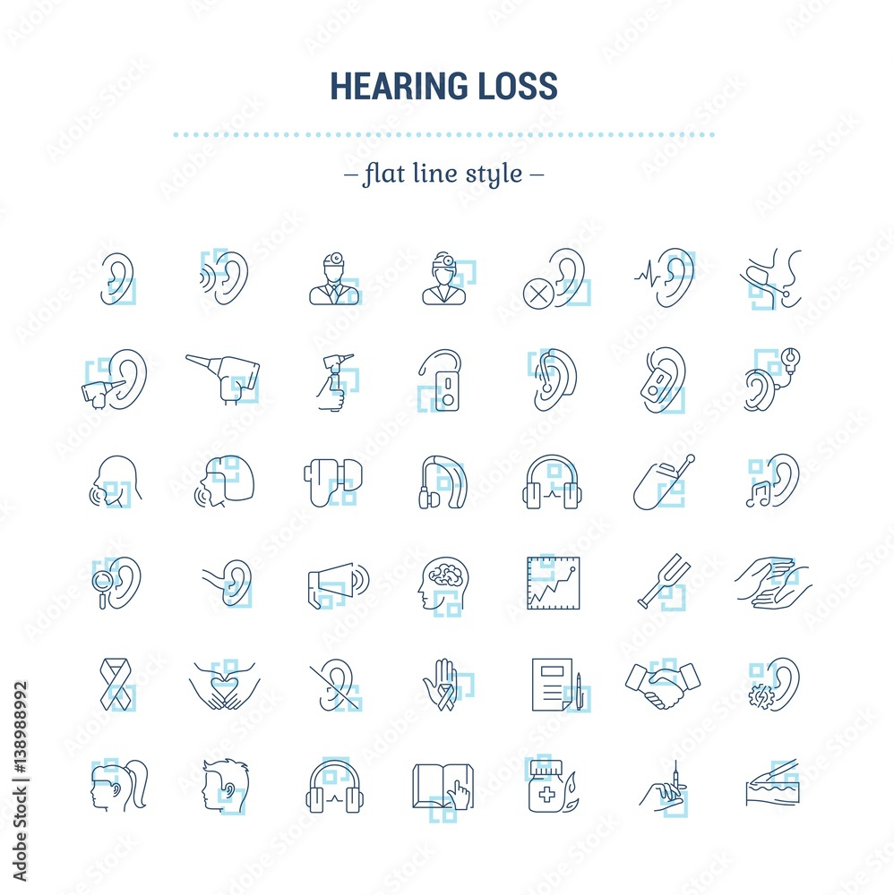 Vector graphic set. Icons in flat, contour,thin, minimal and linear design.Hearing loss. People with disabilities. Simple isolated icons.Concept of web site and app.Sign,symbol, elements.