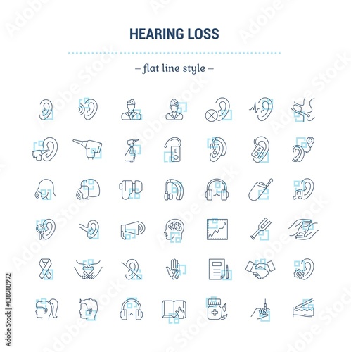 Vector graphic set. Icons in flat, contour,thin, minimal and linear design.Hearing loss. People with disabilities. Simple isolated icons.Concept of web site and app.Sign,symbol, elements. photo