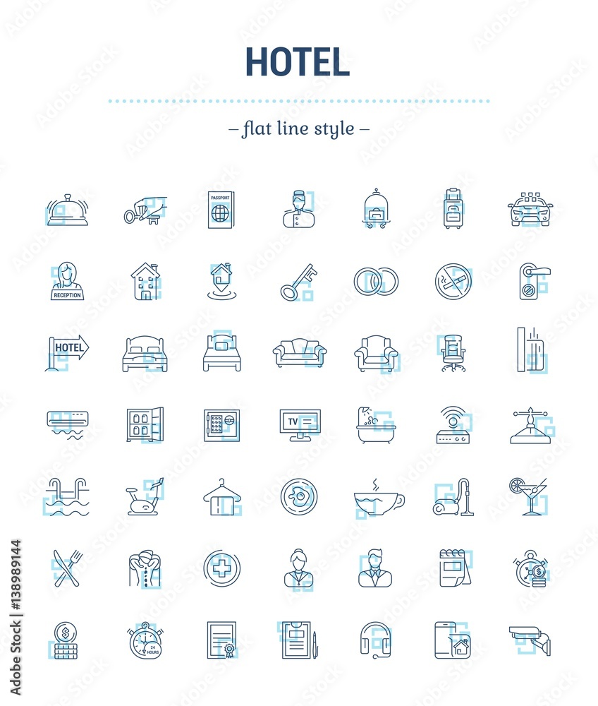 Vector graphic set.Icons in flat, contour,thin and linear design.Hotel and its services.Simple isolated icon on white background.Concept illustration for Web site, app.Sign,symbol,emblem.