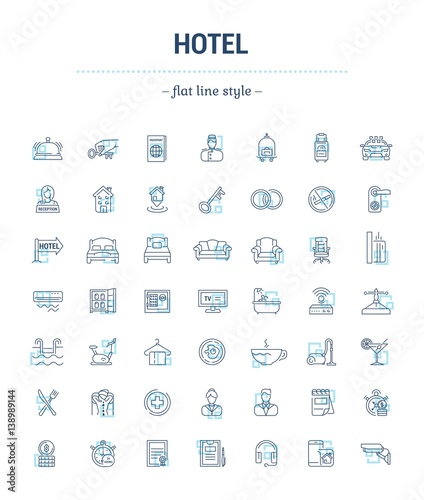Vector graphic set.Icons in flat, contour,thin and linear design.Hotel and its services.Simple isolated icon on white background.Concept illustration for Web site, app.Sign,symbol,emblem.