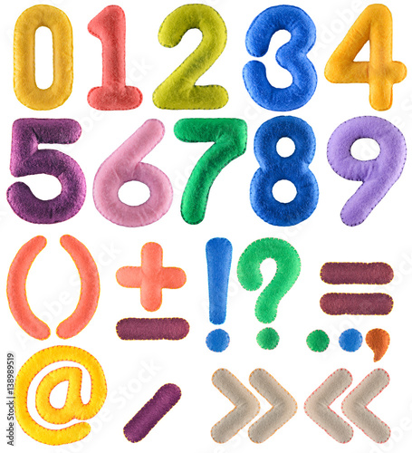 Handmade multicolor number set with punctuation marks from felt isolated on white background