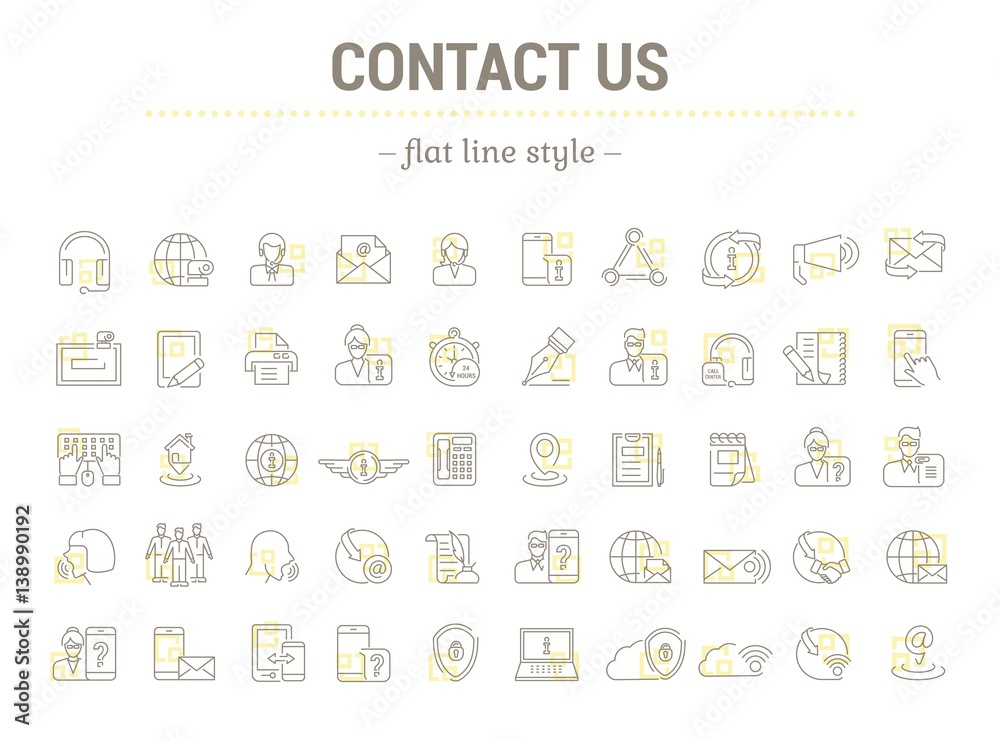 Vector graphic set. Icons in flat, contour,thin and linear design.Contact us. Information Support.Simple isolated icons.Concept illustration for Web site app.