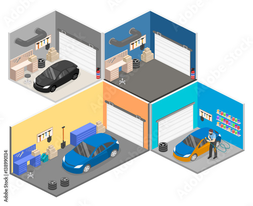 Isometric flat 3Dinterior working place with tools in garage.