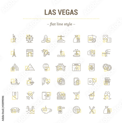 Vector graphic set of icons in flat, contour, thin, minimal and linear design. Las Vegas. Slot machine, casino, poker. Simple isolated icons.Concept illustration for Web site app.Sign,symbol,element.
