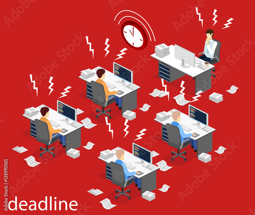 Isometric flat 3D Deadline Concept of overworked man.