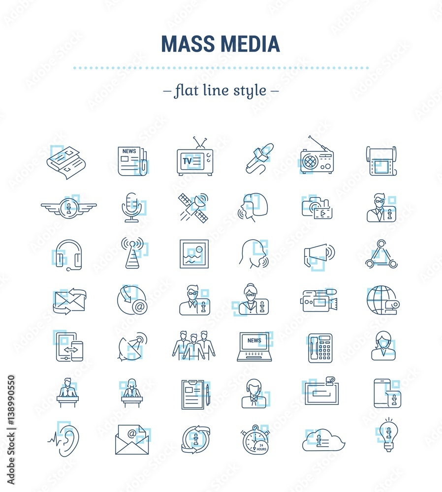 Vector graphic set.Icons in flat, contour,thin and linear design.Mass media.Organs of public opinion.Simple isolated icon on white background.Concept illustration for Web site, app.Sign,symbol,emblem.