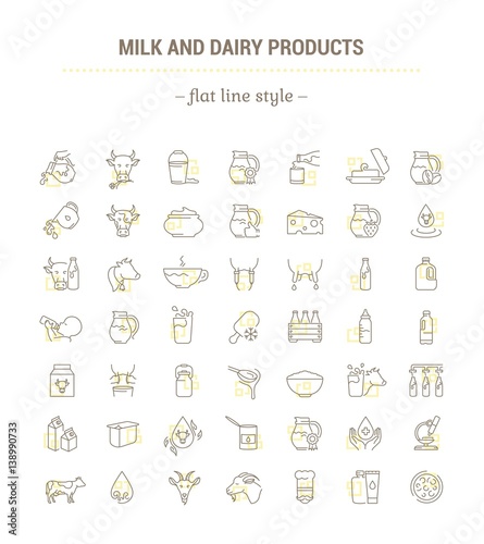 Vector graphic set.Icons in flat, contour,thin, minimal and linear design.Natural dairy production. Healthy nutrition..Simple isolated icons.Concept illustration for Web site app.Sign,symbol,element.