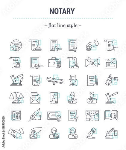 Vector graphic set.Icons in flat, contour,thin, minimal and linear design.Notary office. Paperwork, document notarized.Simple isolated icons.Concept illustration for Web site app.Sign,symbol,element.