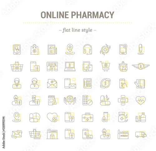 Vector graphic set.Icons in flat, contour,thin, minimal and linear design.Online pharmacy. Mobile medical advice.Simple isolated icons.Concept illustration for Web site app.Sign,symbol,element.