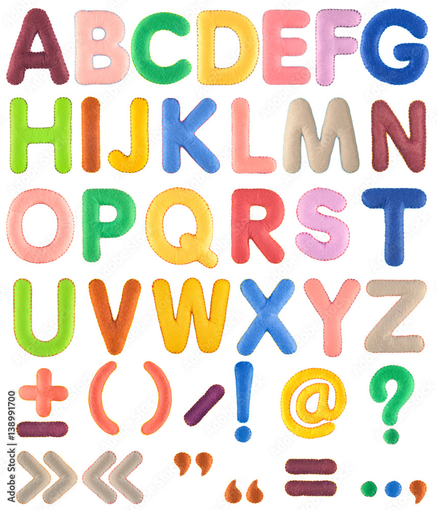 ABC. Handmade multicolor Alphabet set with punctuation marks from felt isolated on white background